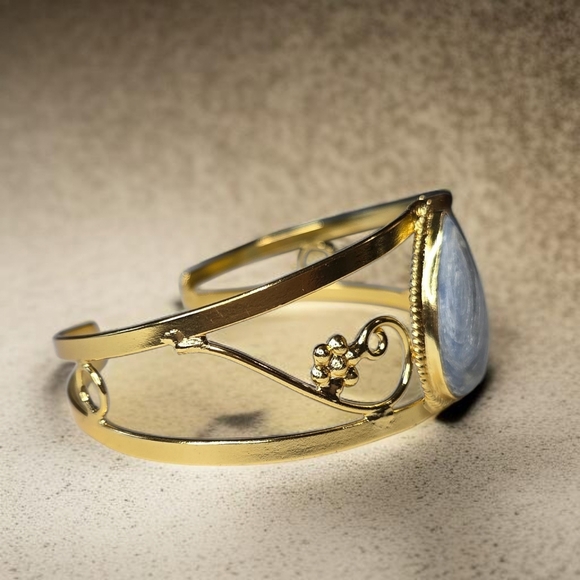 18k Gold Plated Artisan Genuine Kyanite Floral Vines Cuff Bangle Bracelet - Picture 3 of 6